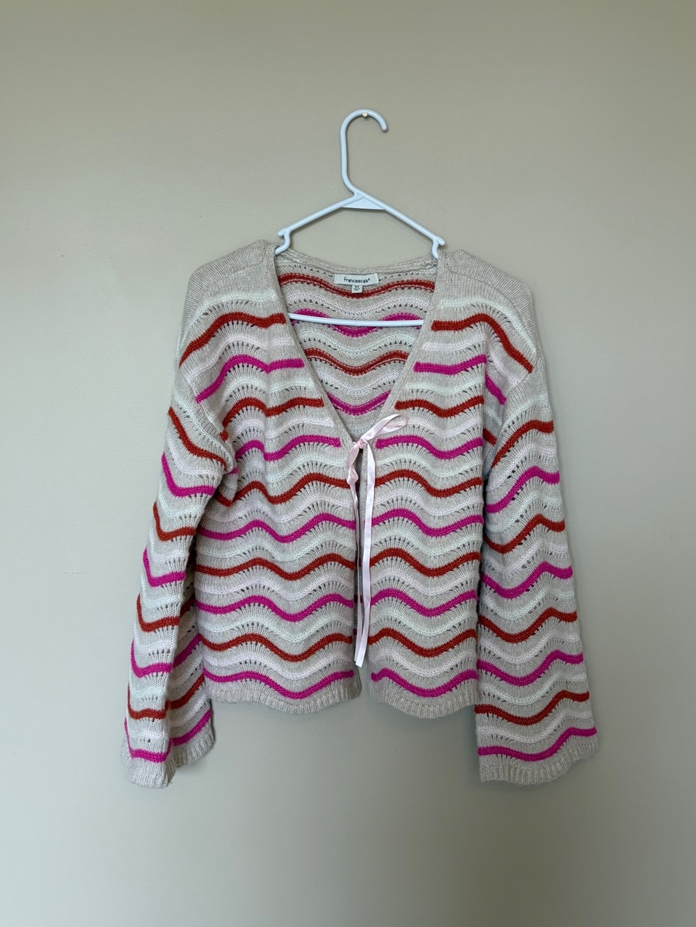 Francesca's Collections Cream Cardigan with Pink & Red Wave Stripes
